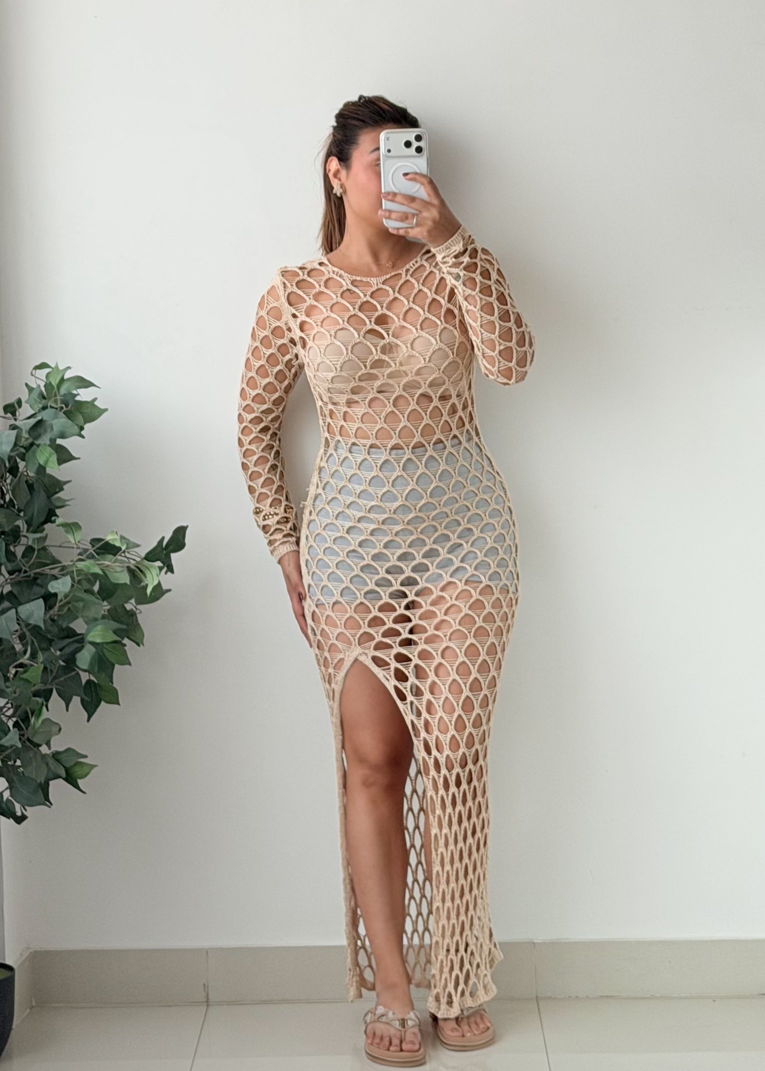 Size XS-S Beige Blue Open-Knit Crochet Maxi Dress
