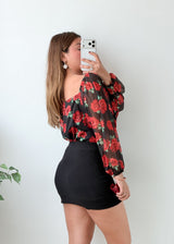 Size L-XL Black Floral Print Corset Bodysuit