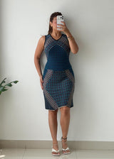 Size M-L Navy Printed Fit & Flare Dress