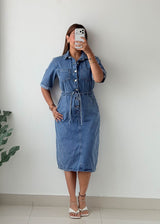 Size S-M Light Blue Denim Shirt Midi Dress