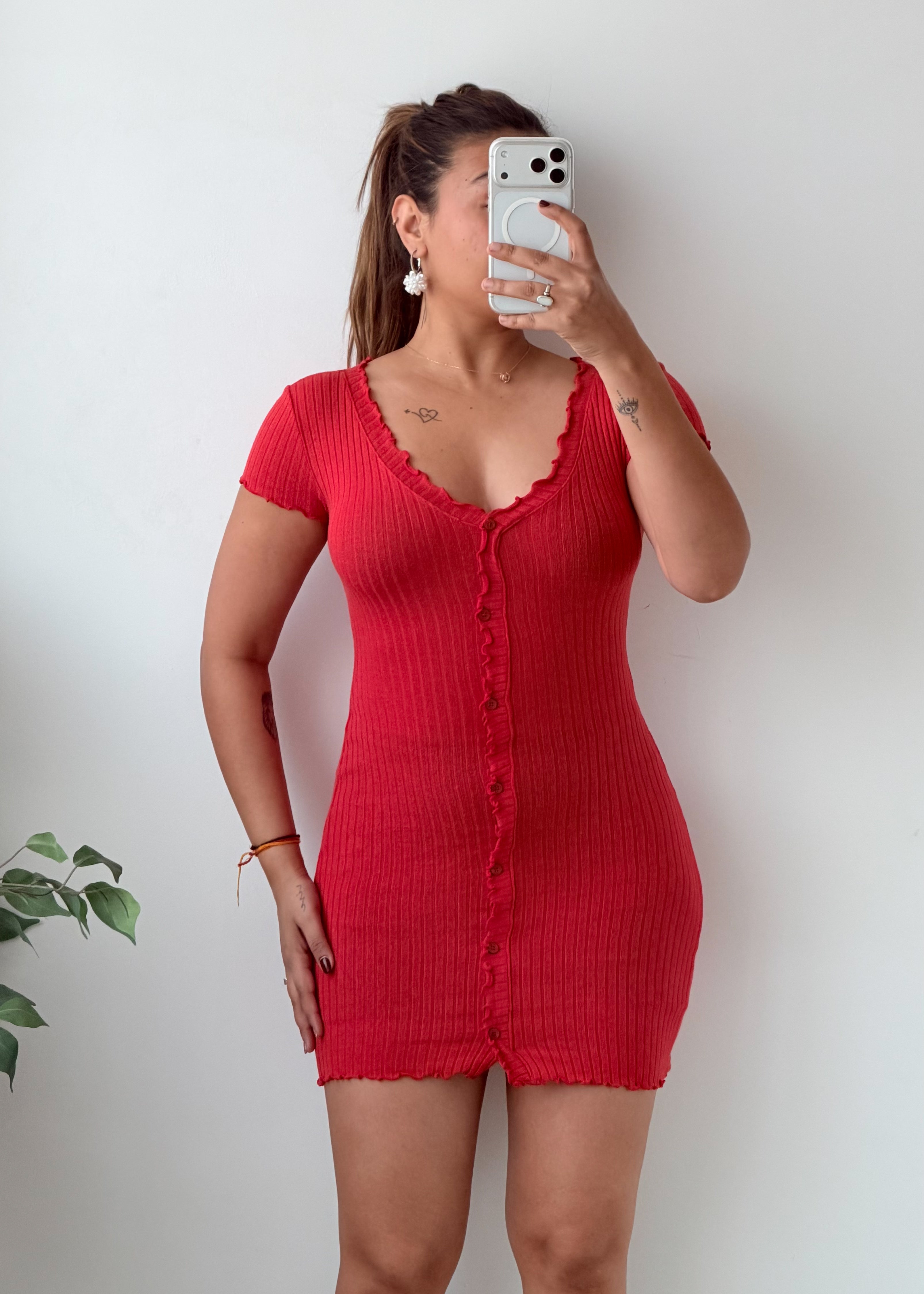 Size XS-S Red Ribbed Button Front Mini Dress