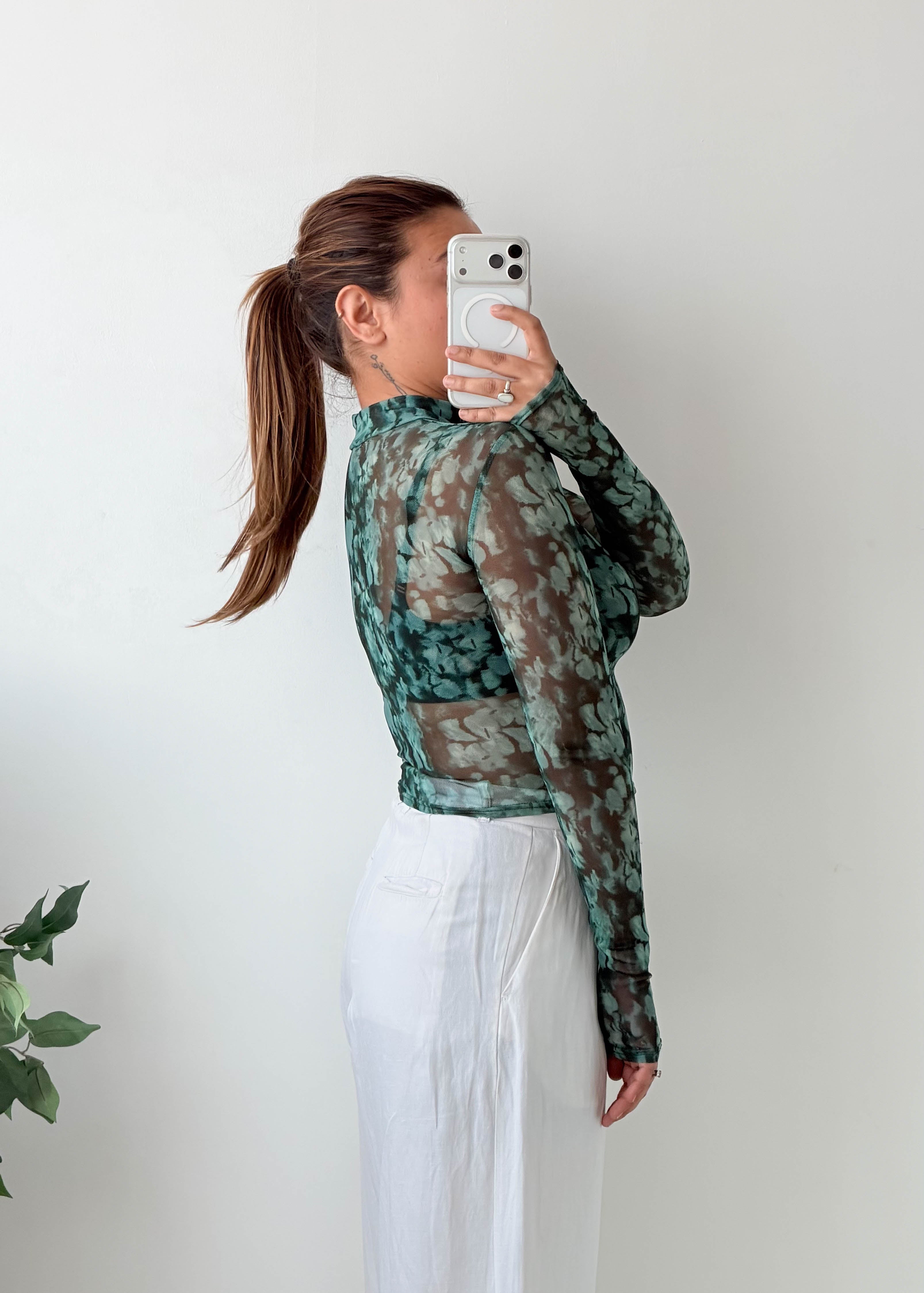 Size S-M Teal Printed Sheer Mesh Top