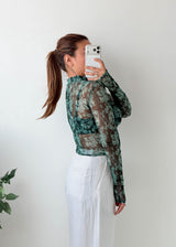 Size S-M Teal Printed Sheer Mesh Top