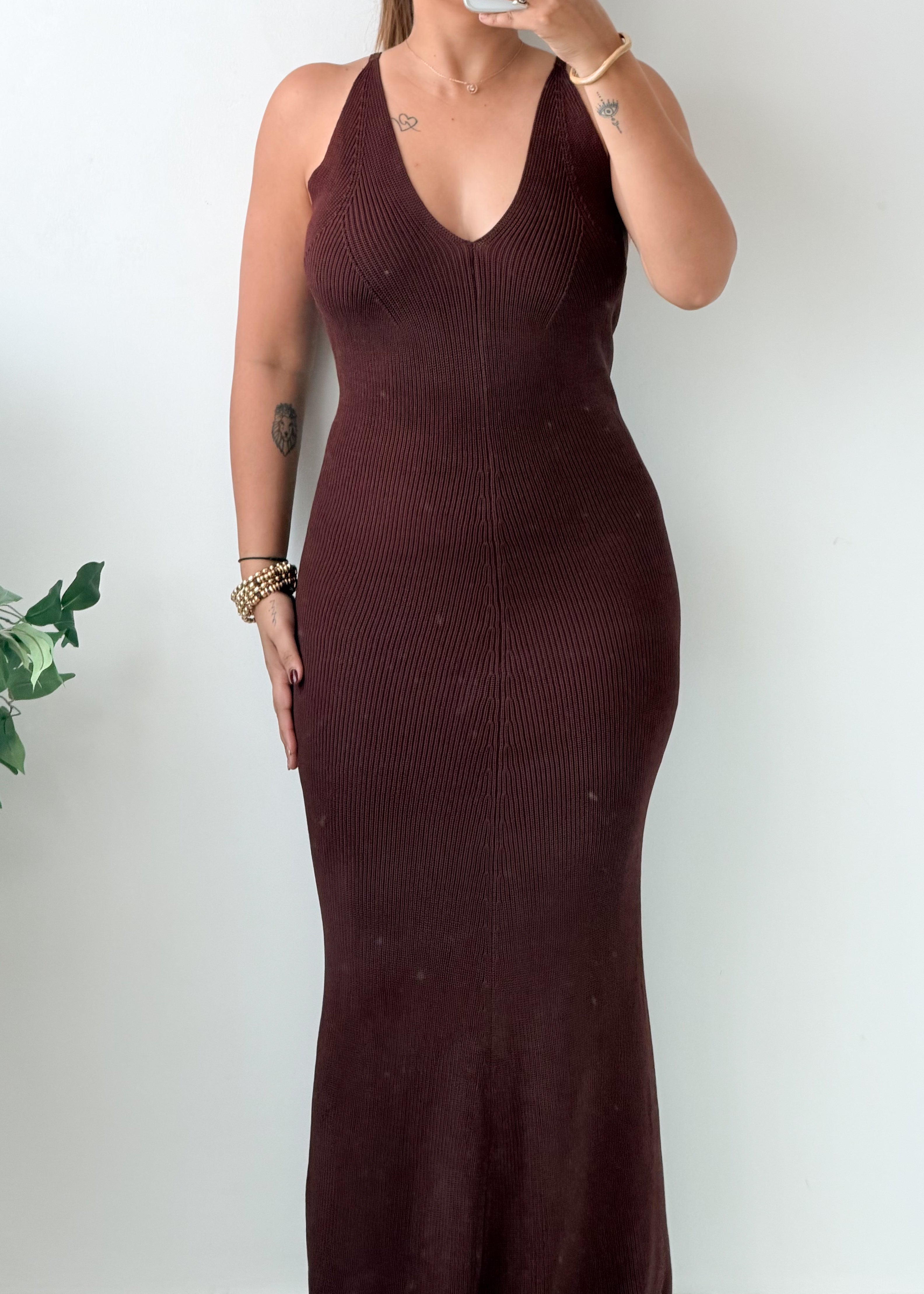 Size XS-M Brown Crochet Ribbed Halter Neck Maxi Dress