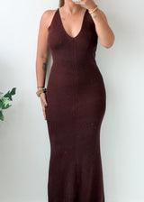 Size XS-M Brown Crochet Ribbed Halter Neck Maxi Dress