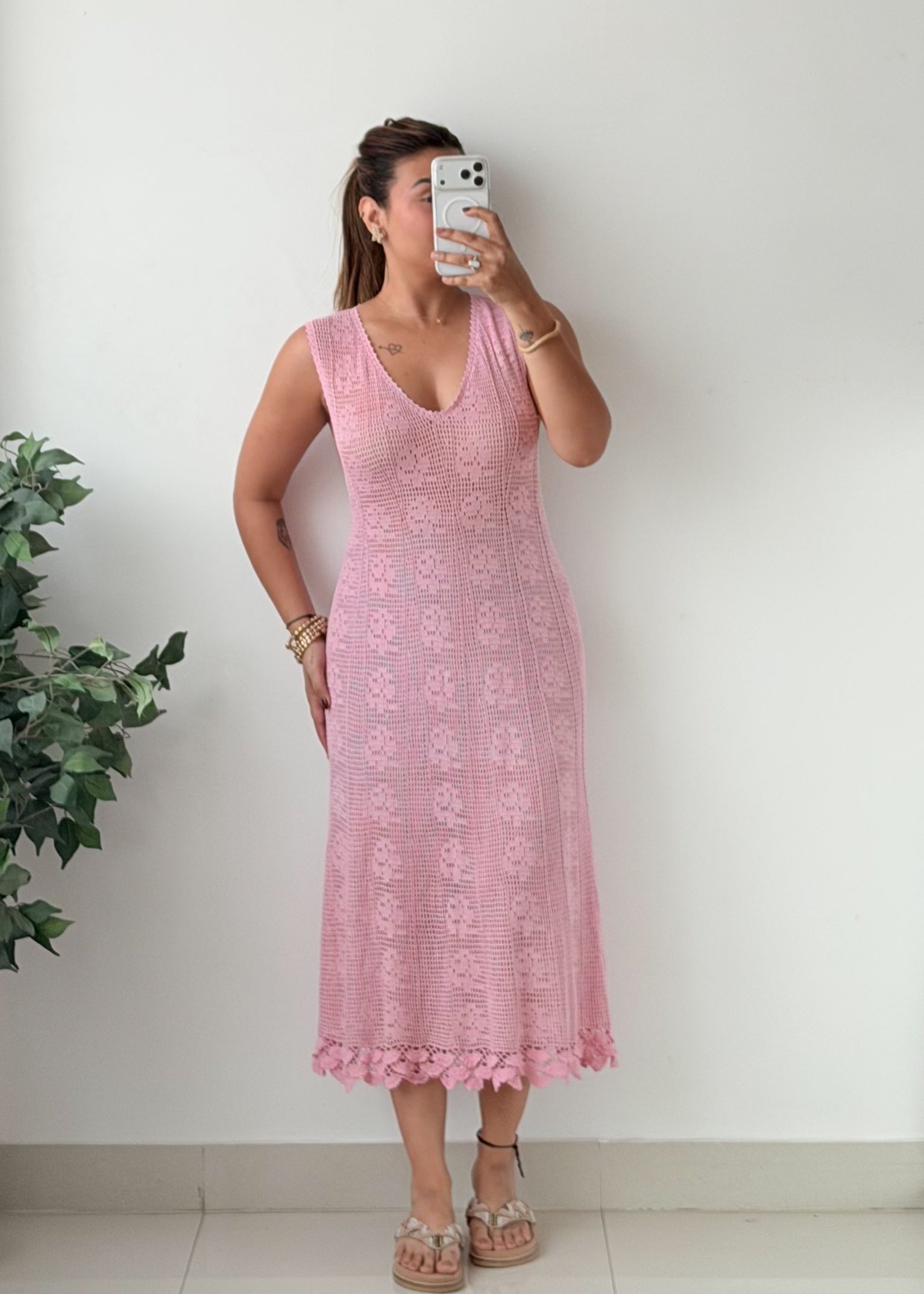 Size S-M Pink Floral Crochet Midi Dress