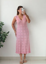Size S-M Pink Floral Crochet Midi Dress