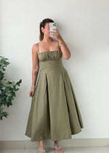 Size S-M Olive Green Pleated Maxi Dress