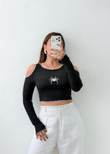 Size S-M Black Spider Graphic Cold Shoulder Top
