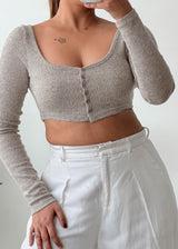 Size XS-S Grey Ribbed Button-Front Crop Top