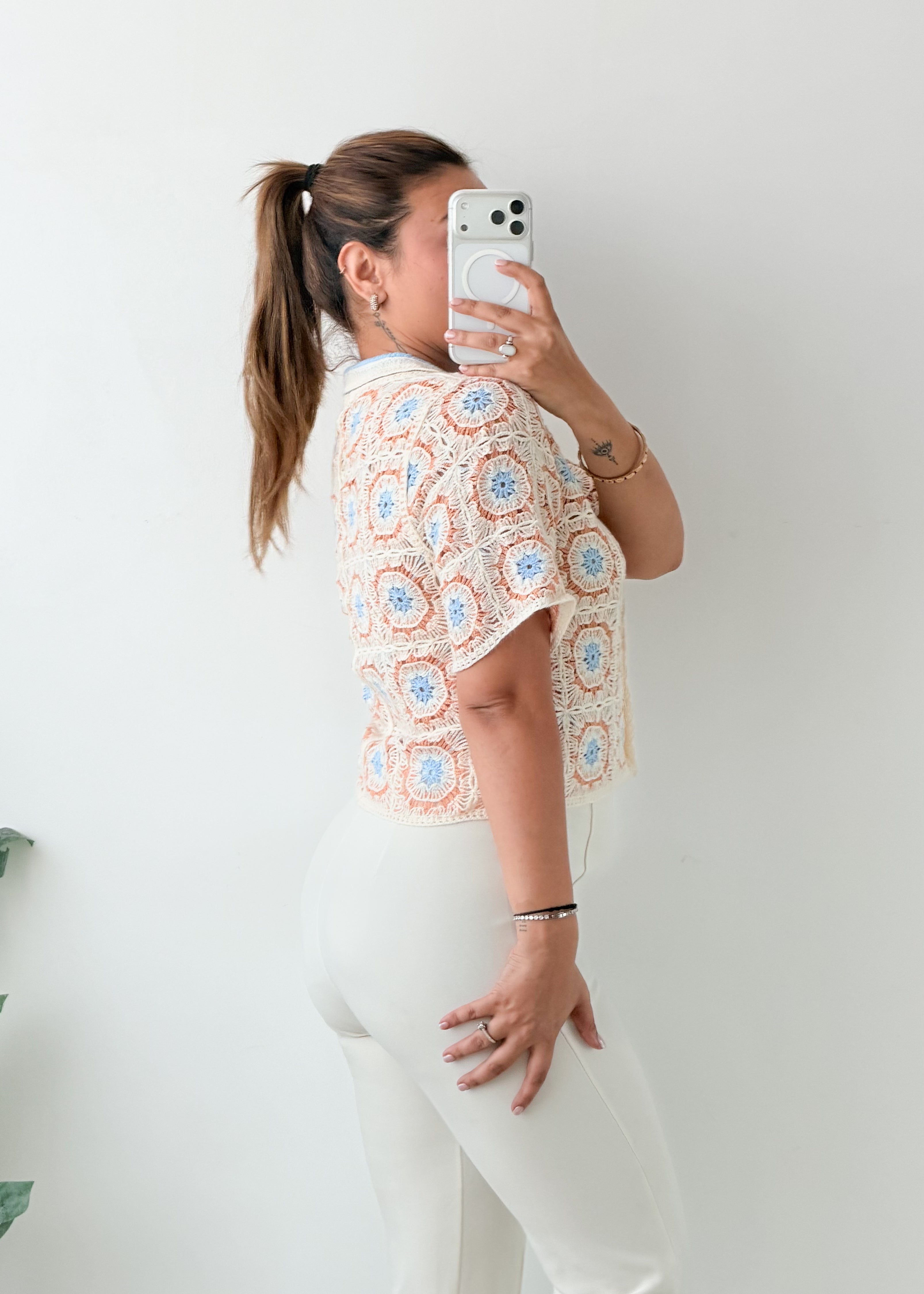 Size S-M White Blue Printed Crochet Shirt Top
