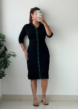 Size M-L Black Green Trim Button Front Bodycon Midi Dress