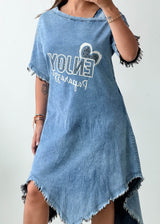 Size L-XL Light Blue Denim Graphic Midi Dress