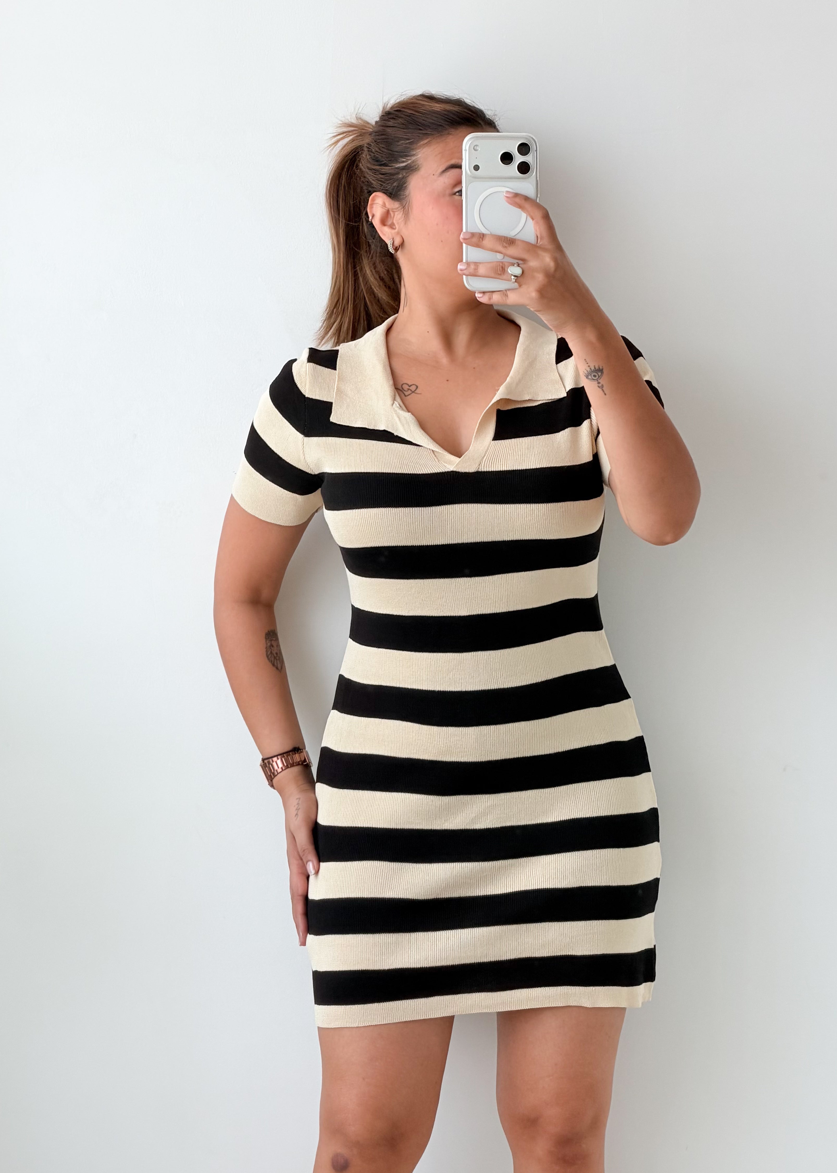 Size M-L Black Cream Striped Mini Dress