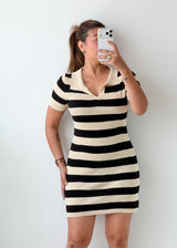 Size M-L Black Cream Striped Mini Dress