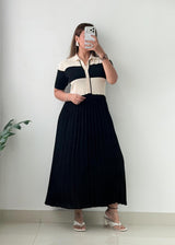 Size L-XL Black Cream Pleated Collared Dress