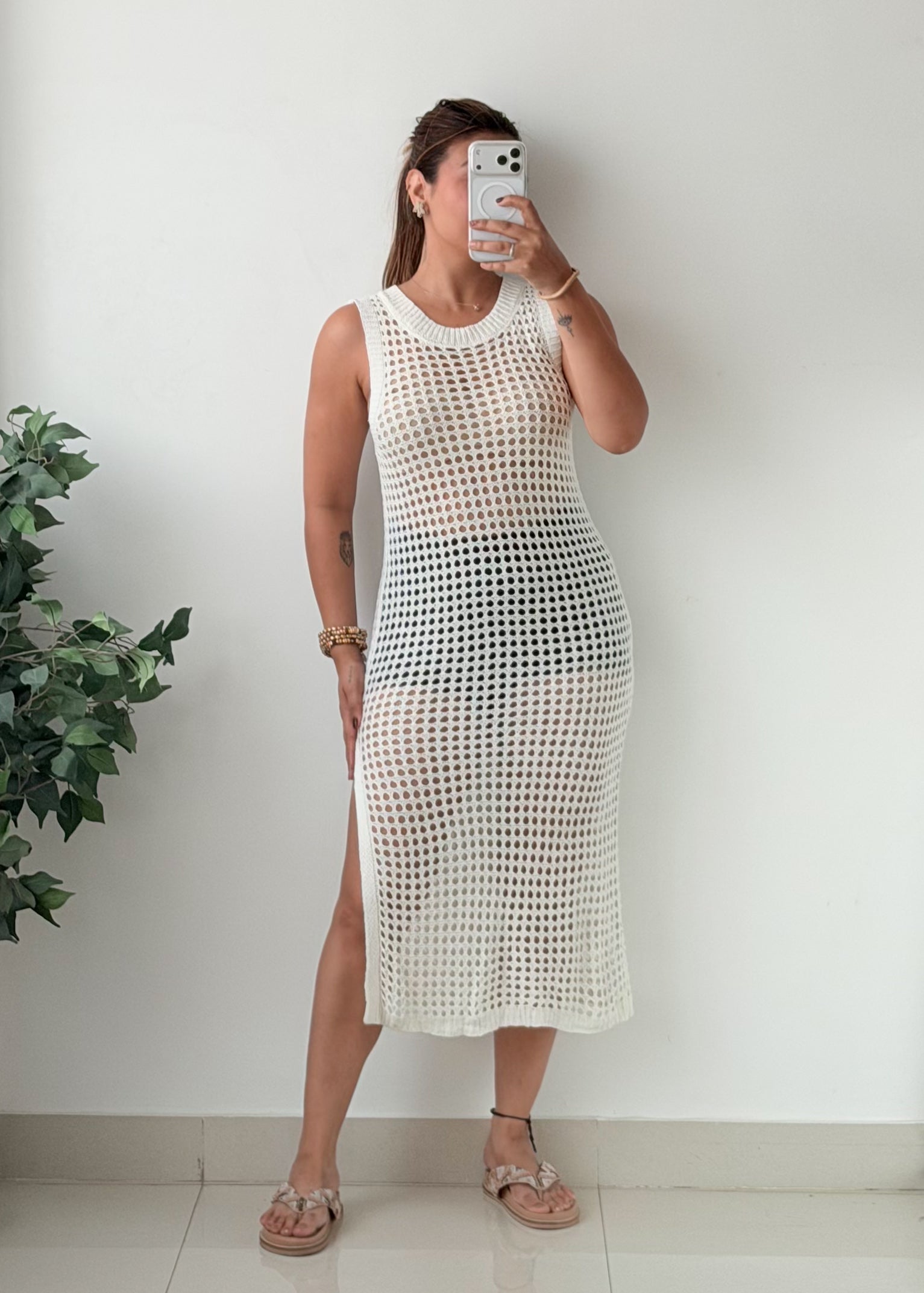 Size S-M White Open-Knit Crochet Midi Dress
