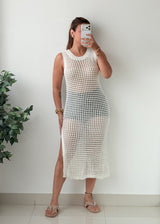 Size S-M White Open-Knit Crochet Midi Dress