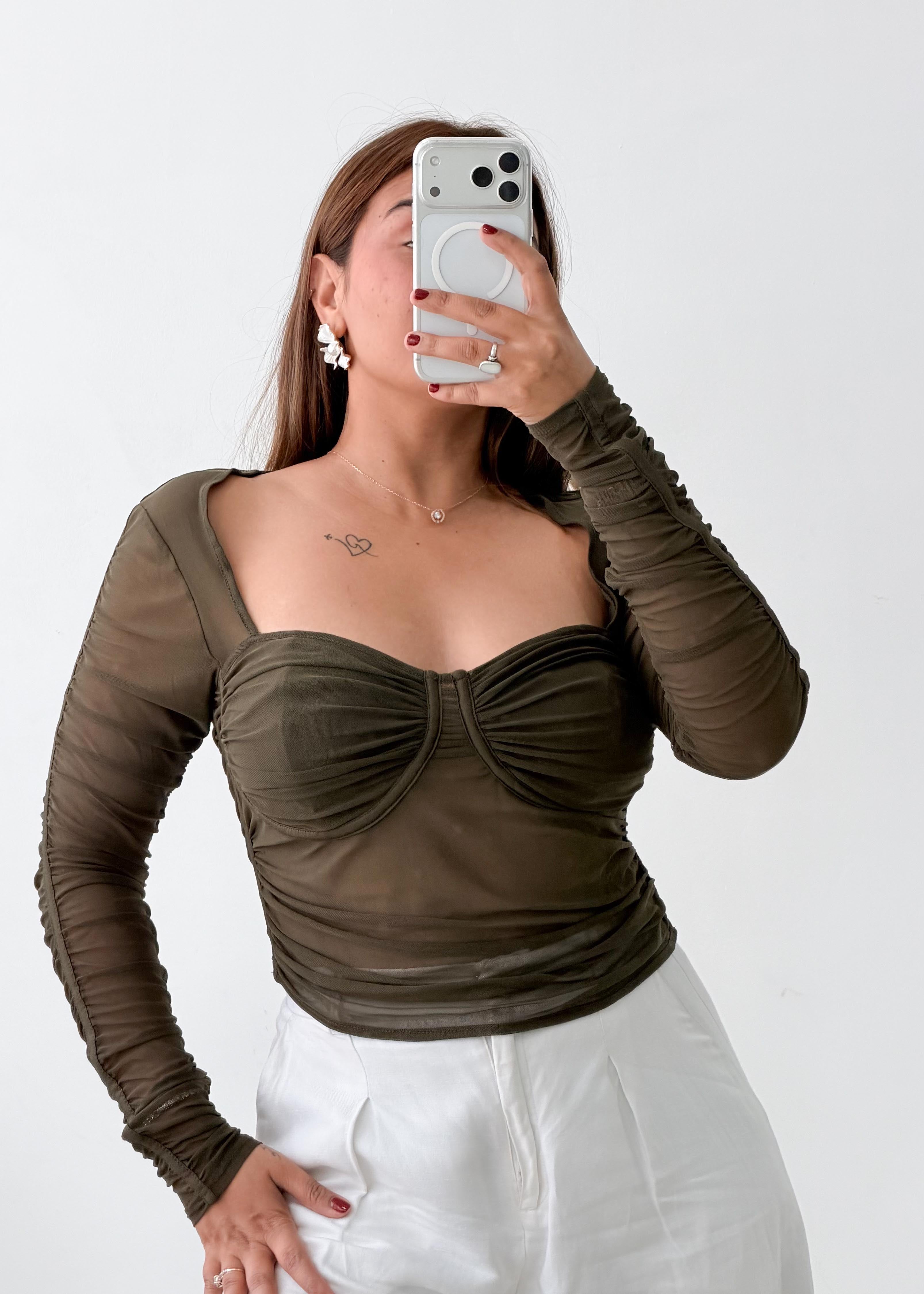 Size M-L Olive Ruched Mesh Long Sleeve Top