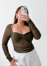 Size M-L Olive Ruched Mesh Long Sleeve Top