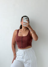 Size S-M Brown Ribbed Button-Front Crop Top