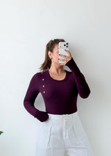 Size S-M Plum Purple Button-Detail Bodysuit