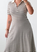 Size M-L Brown White Striped Polo Dress