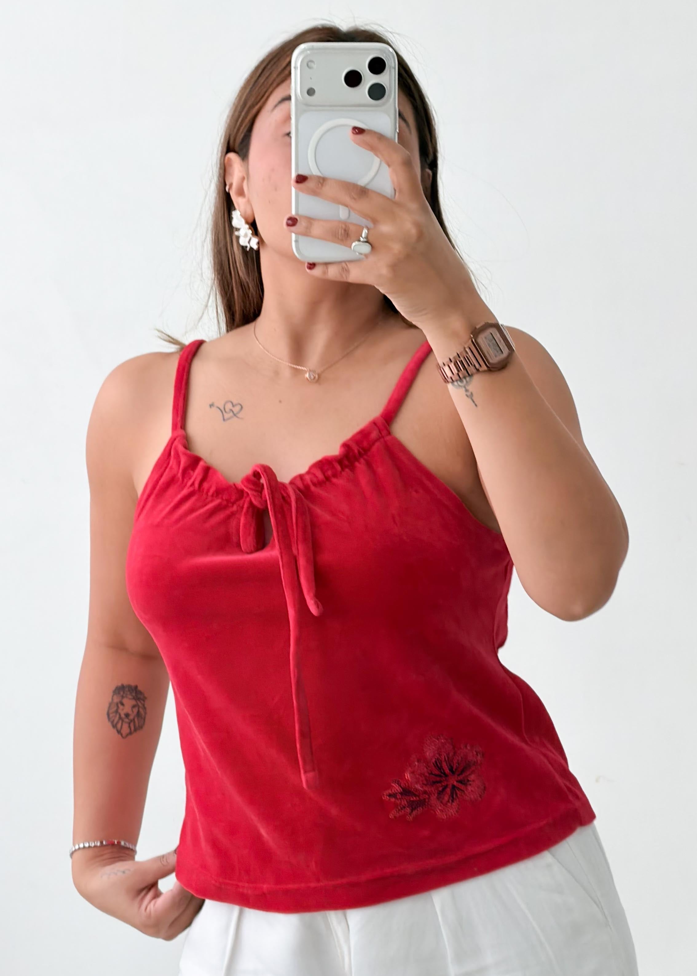 Size S-M Red Ruched Tie-Front Camisole Top