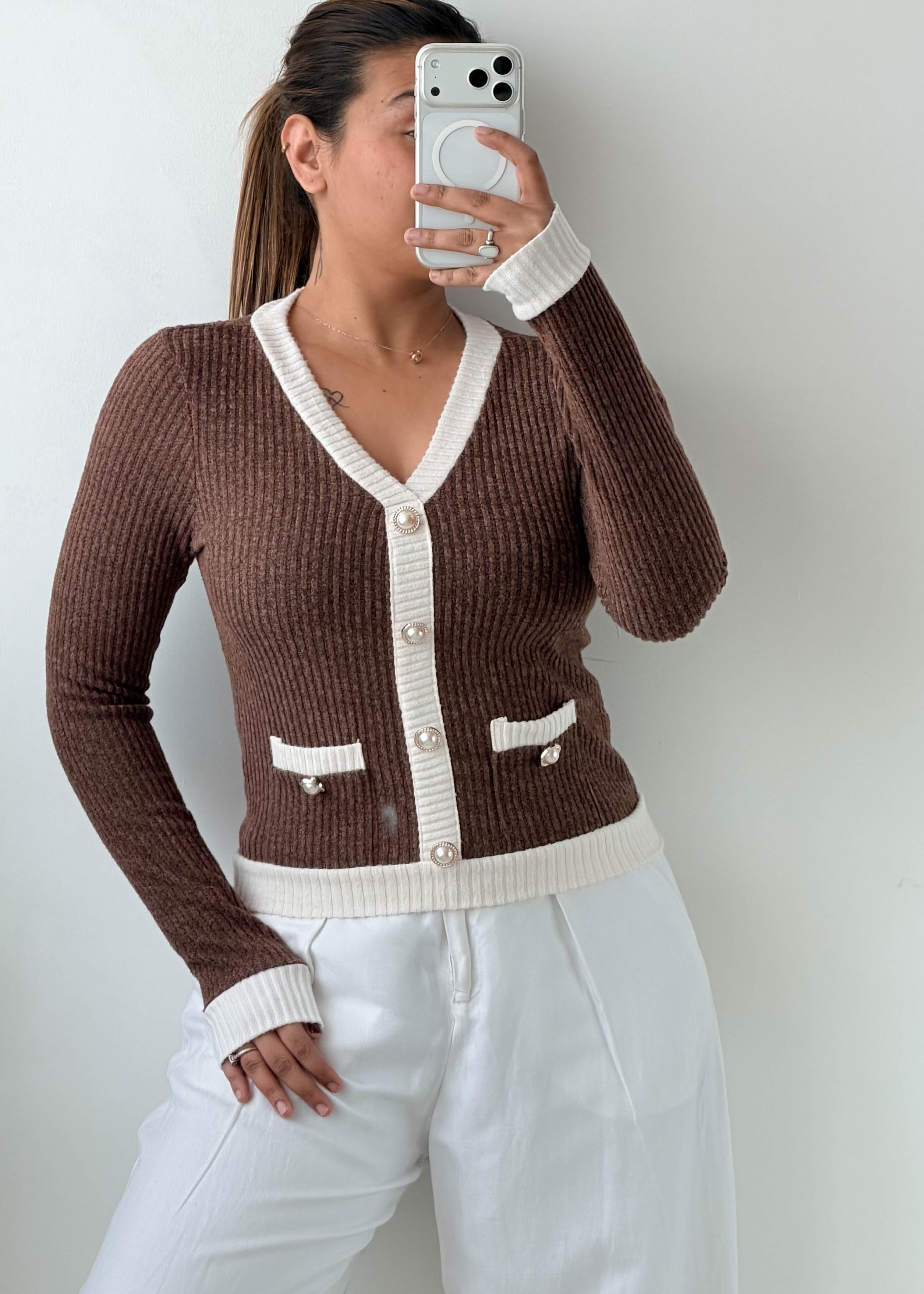 Size S-M Brown Ribbed Contrast Cardigan Top