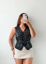 Bust 40, Black Printed Vest Top