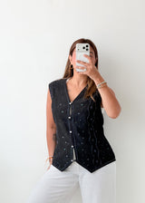 Bust 44, Black Embroidered Button-Front Vest Top