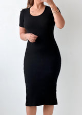 Size S-M Black Short Sleeve Bodycon Midi Dress
