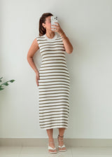 Size M-L Olive White Striped Midi Dress