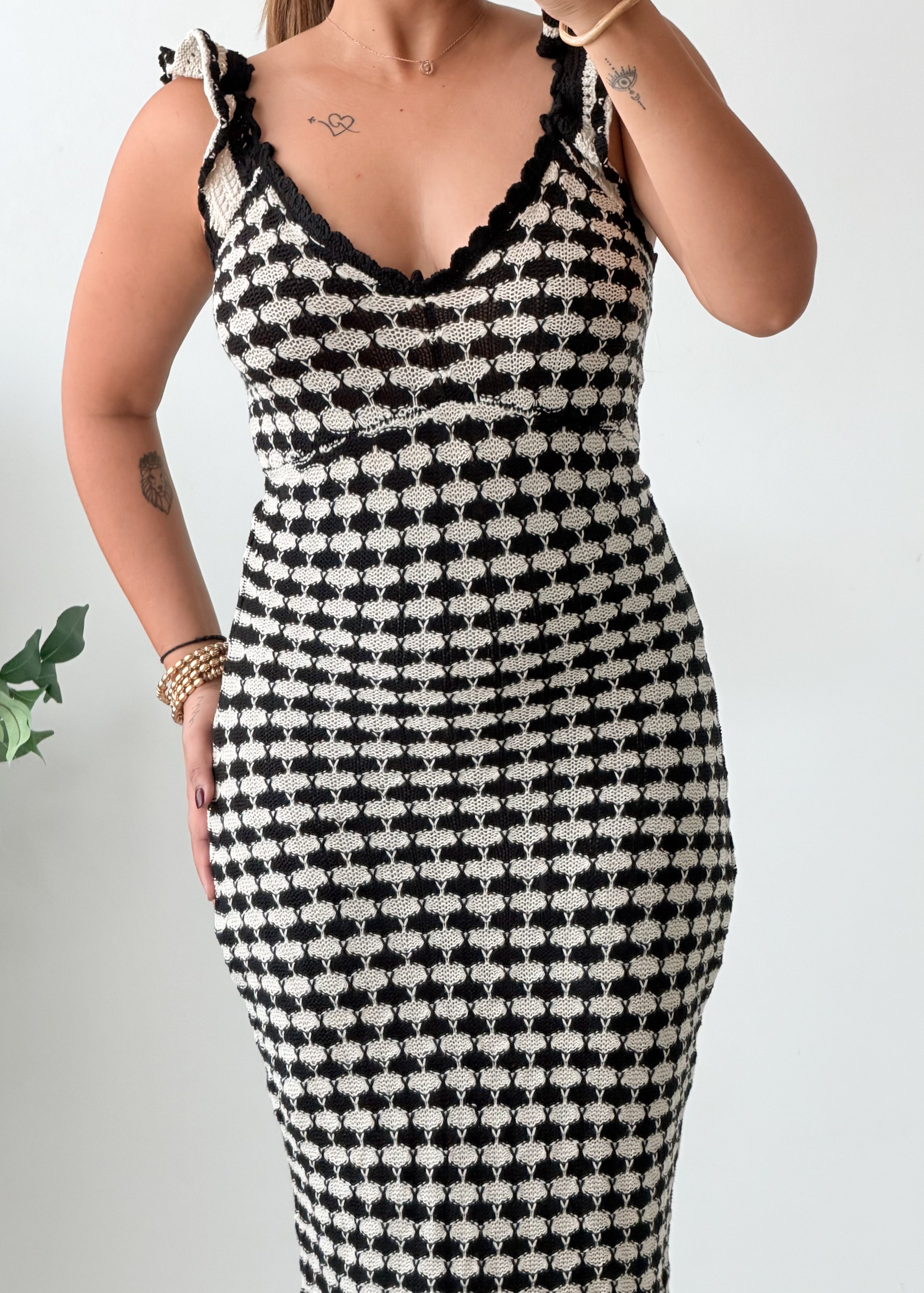 Size S-M Black White Checkered Crochet Maxi Dress