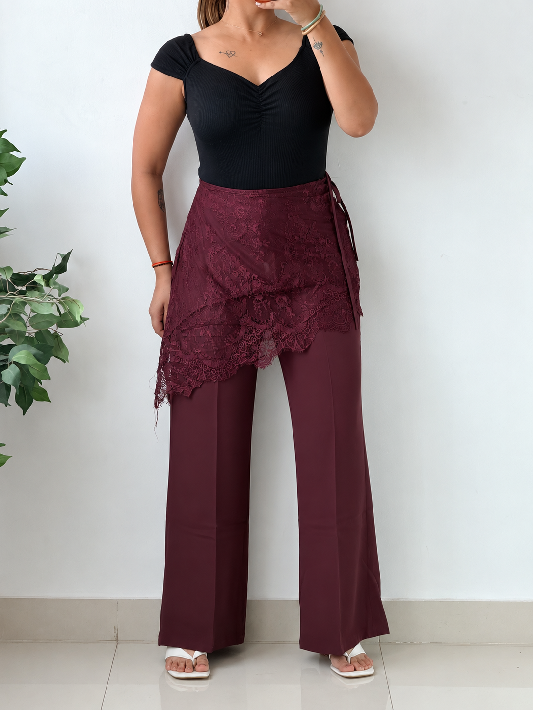 Waist 25 to 33, Burgundy Wide Leg Tailored Pants with Front Pleats
