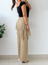Waist 28-30, Beige Wide Leg Tailored Pants with Front Pleats