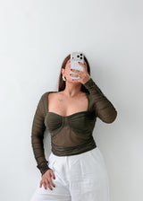 Size M-L Olive Ruched Mesh Long Sleeve Top