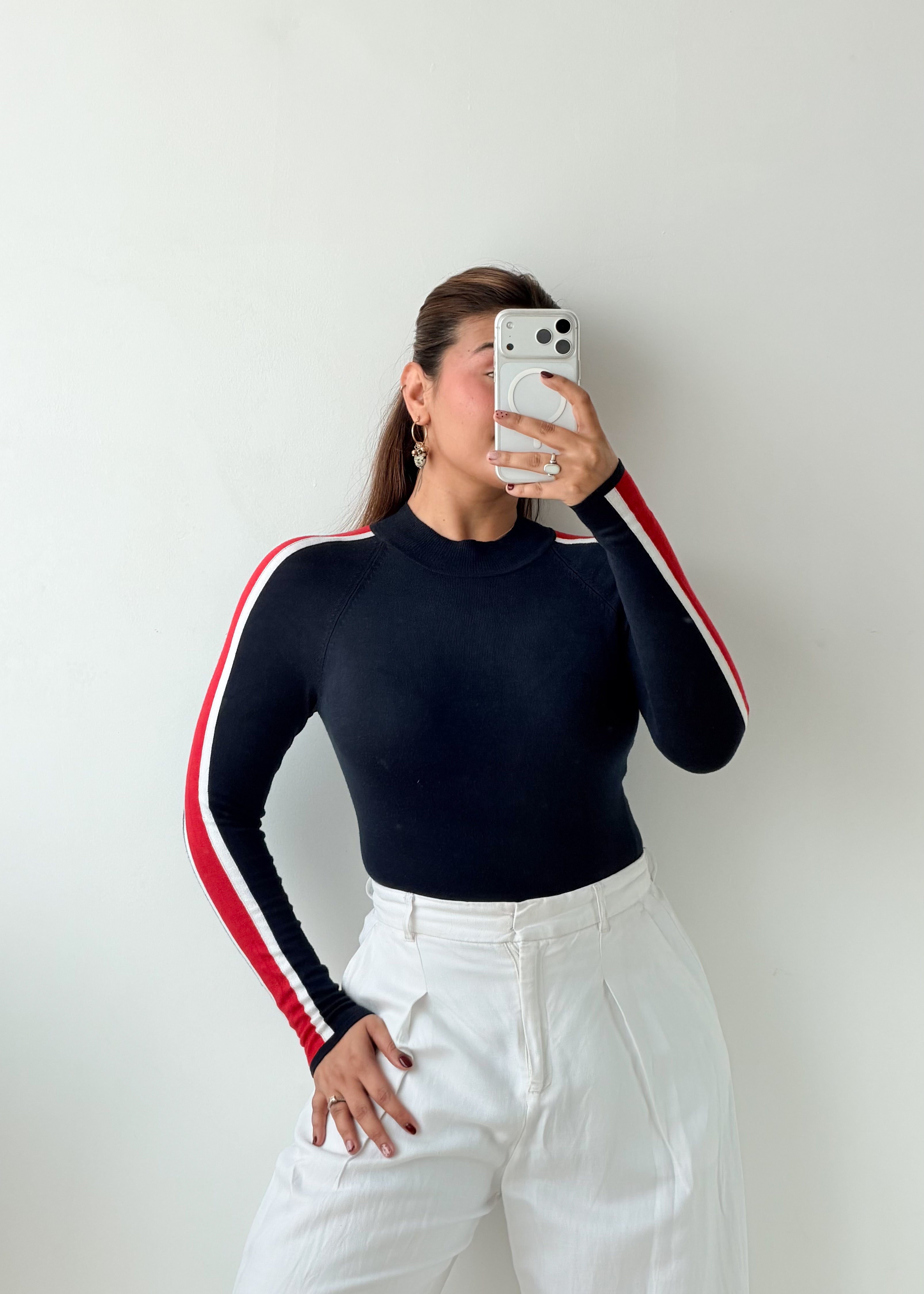 Size S-M Navy Blue Contrast Stripe Top