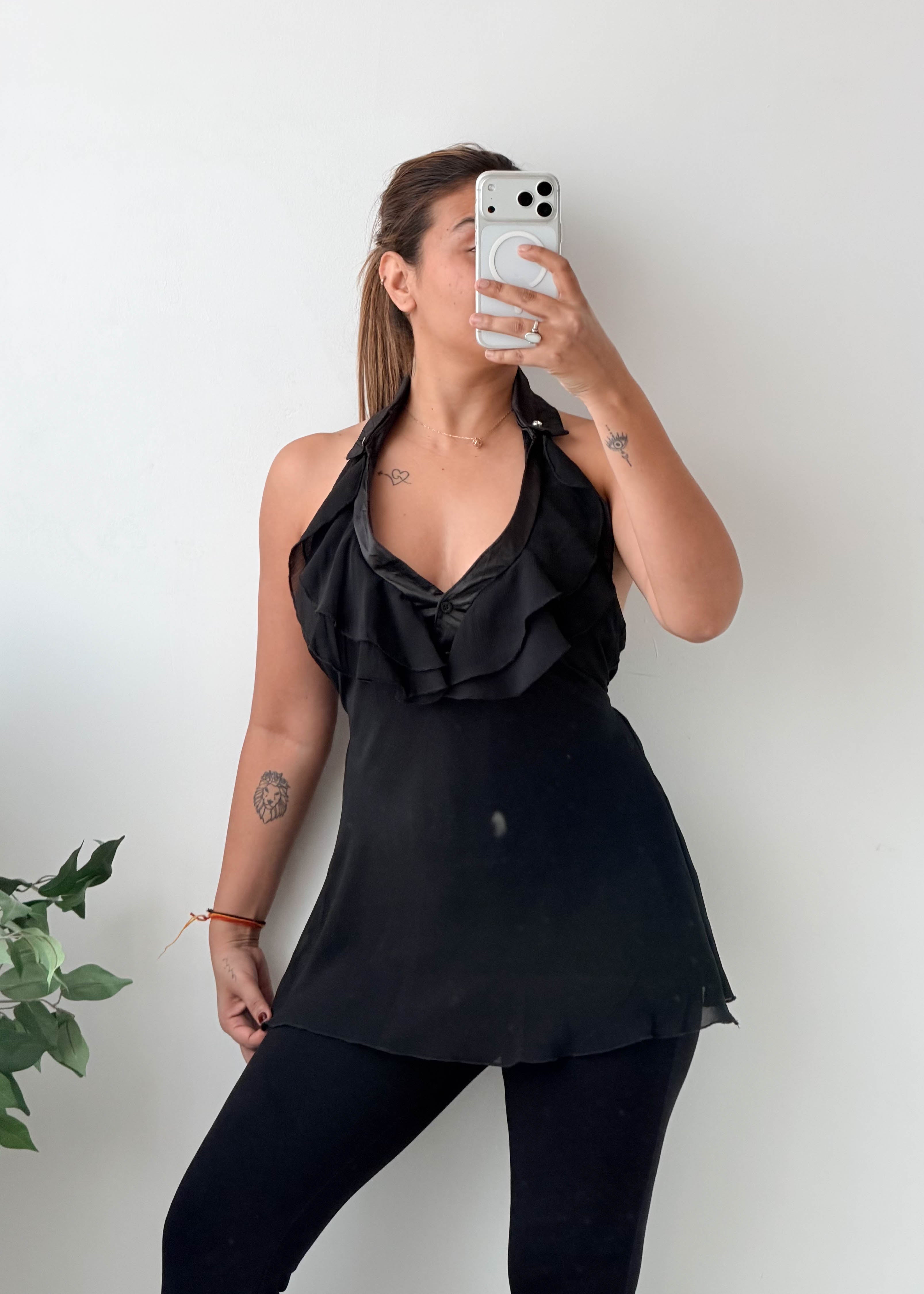 Size S-M Black Ruffle Halter Neck Top