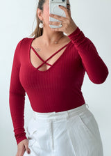 Size M-L Burgundy Crisscross Neck Ribbed Bodysuit
