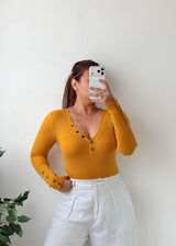 Size XS-S Mustard Yellow Ribbed Button-Front Top
