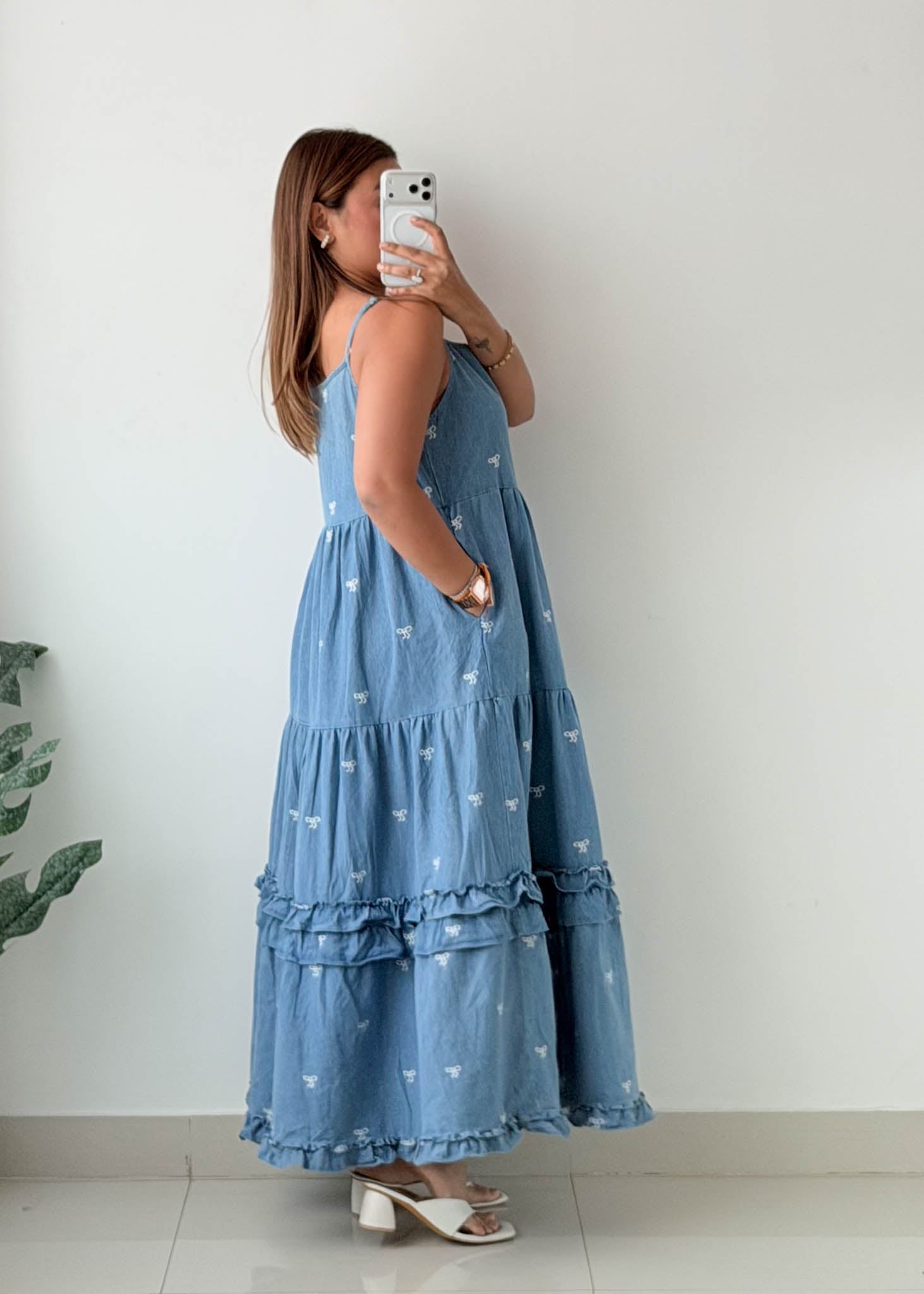 Size M-L Light Blue Embroidered Tiered Dress