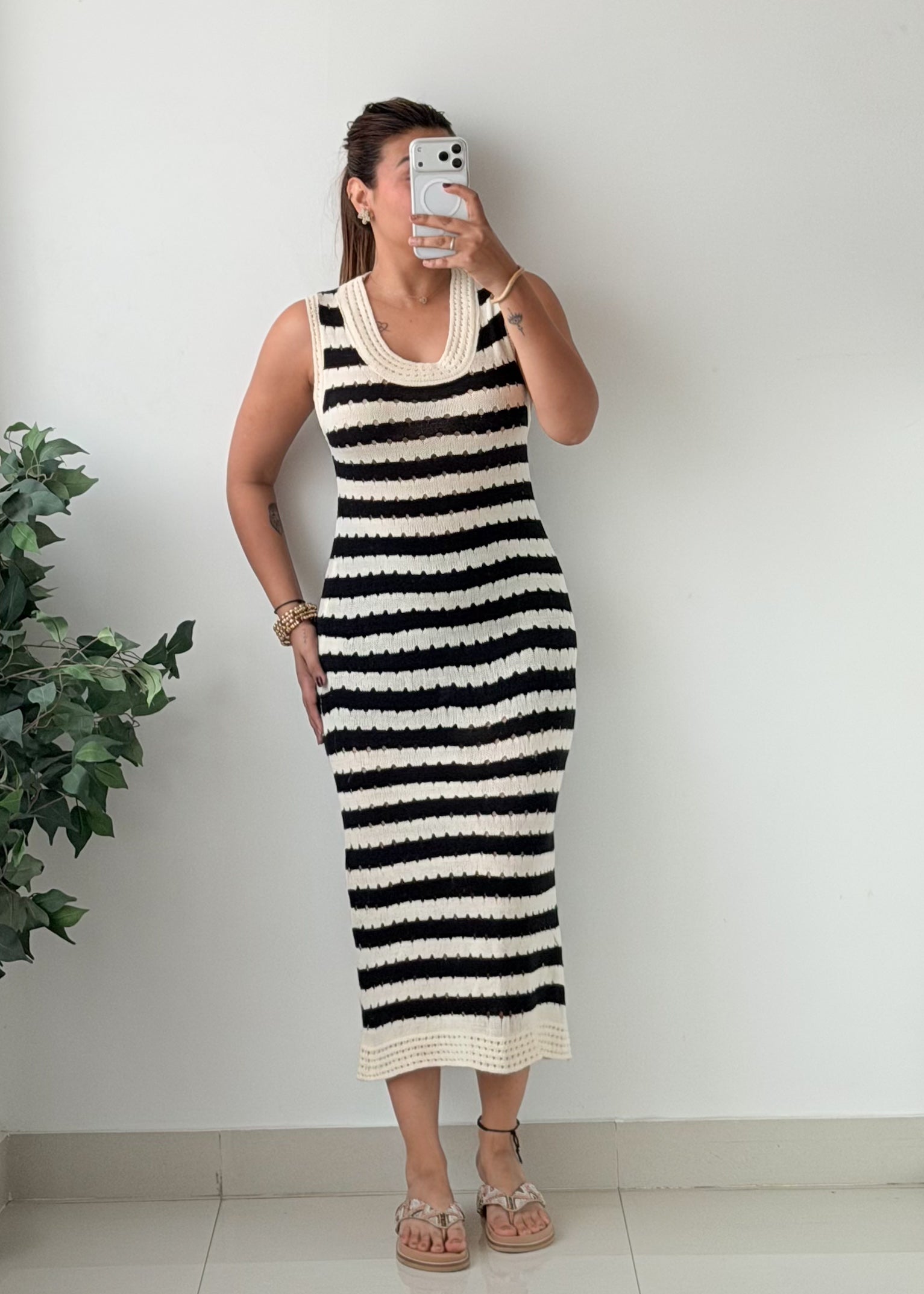 Size S-M Black White Striped Crochet Maxi Dress
