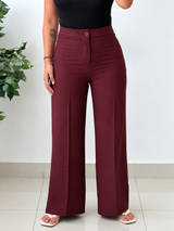 Waist 25 to 33, Burgundy Wide Leg Tailored Pants with Front Pleats