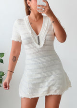 Size XS-S Ivory Textured V-Neck Mini Dress