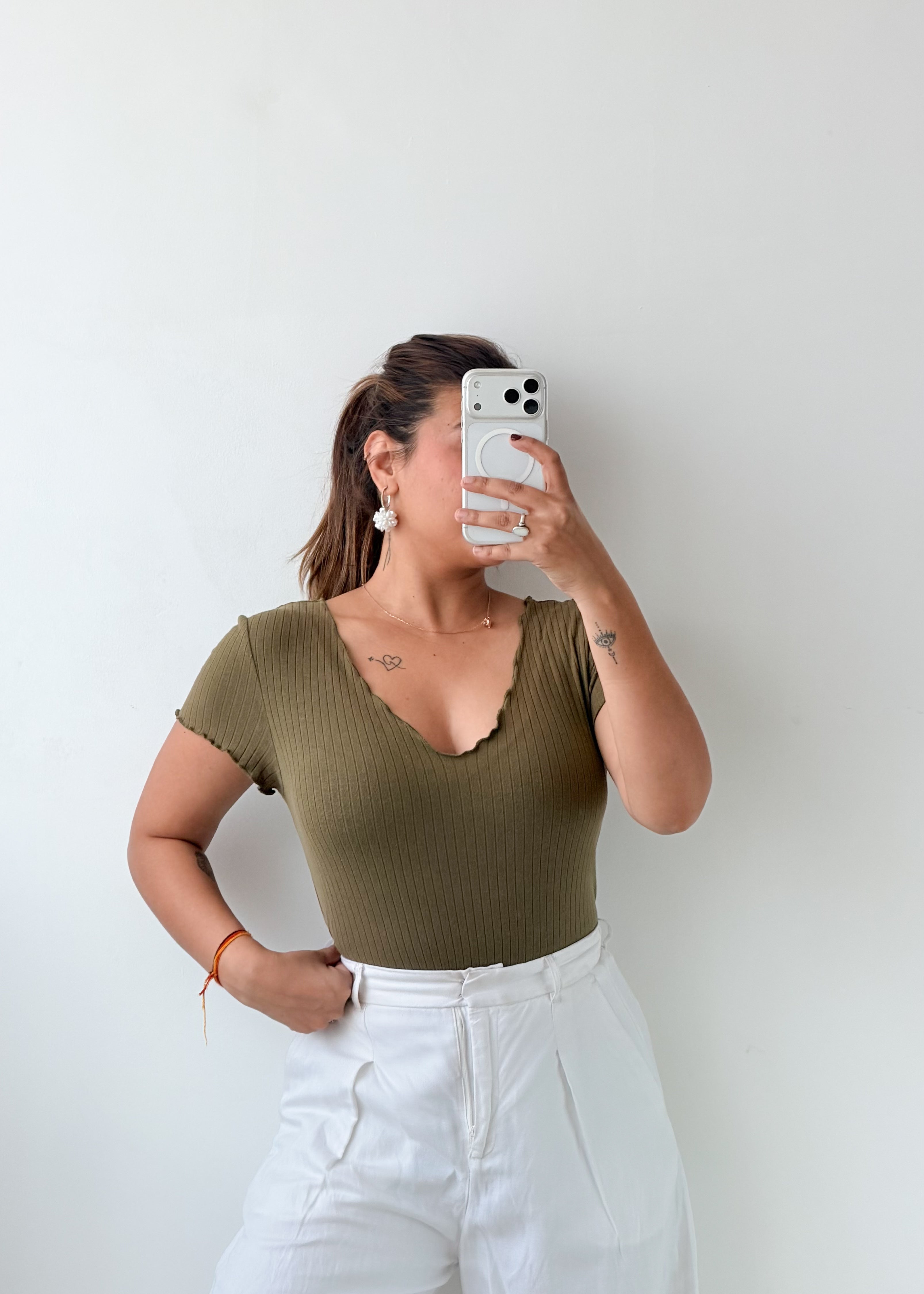 Size M-L Olive Green Notched Neck Bodysuit