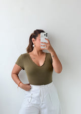 Size M-L Olive Green Notched Neck Bodysuit