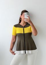 Size S-M Olive Yellow Colorblock Zip-Front Top
