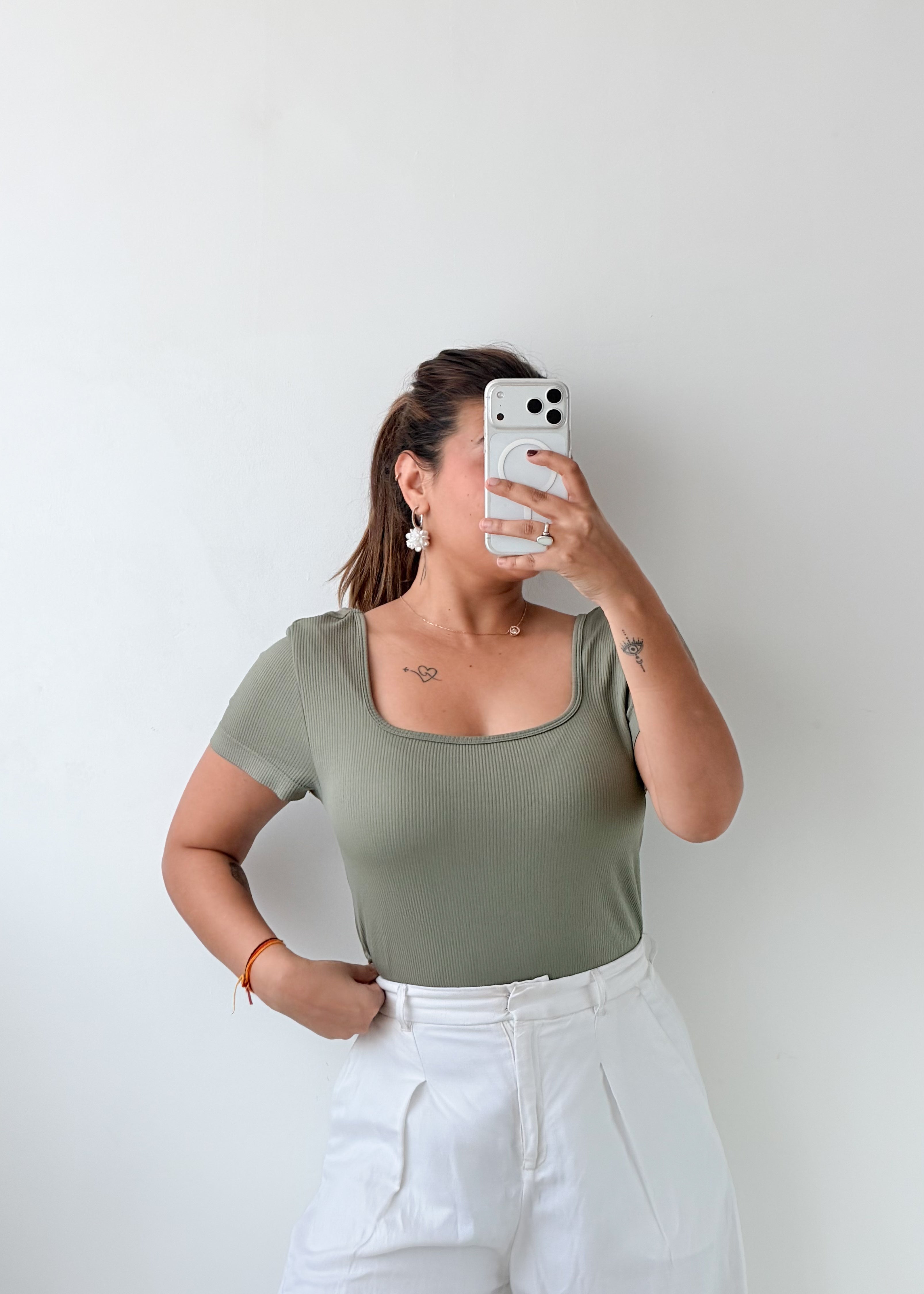 Size L-XL Olive Green Square Neck Bodysuit