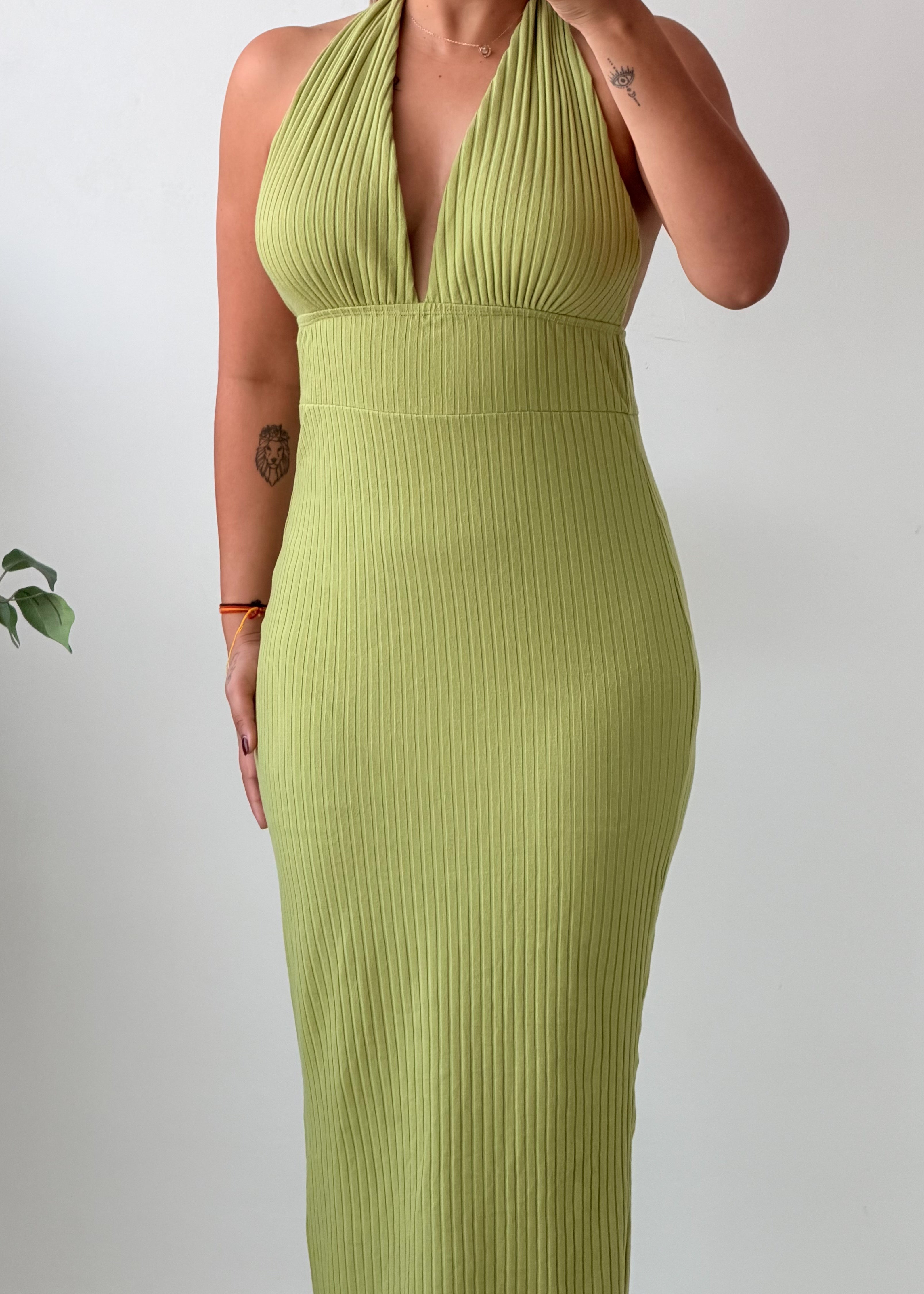 Size S-M Lime Green Halter Neck Ribbed Maxi Dress